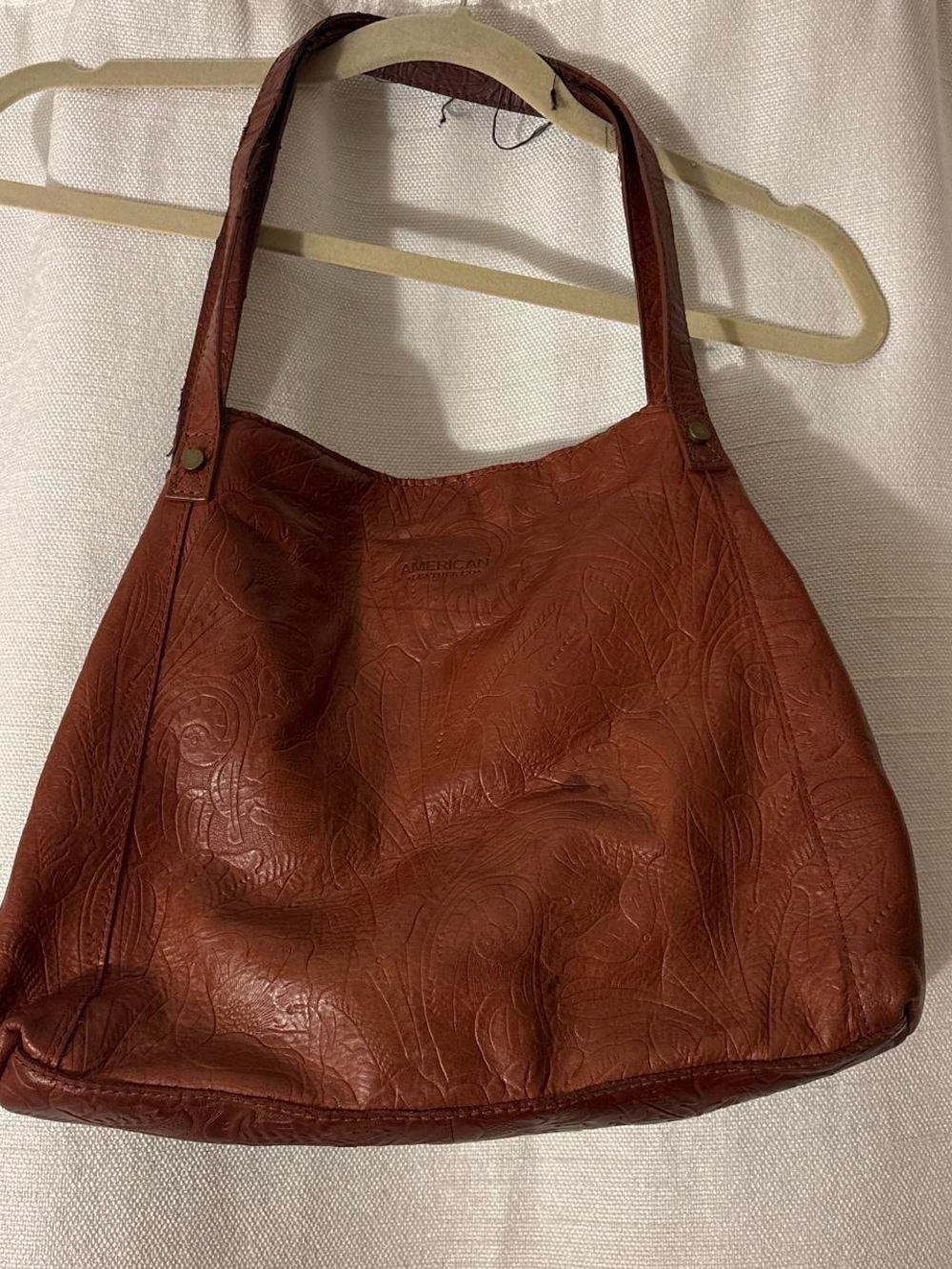 American Leather Co. Brown Embossed Floral Shoulder Bag Zip Lined Pockets